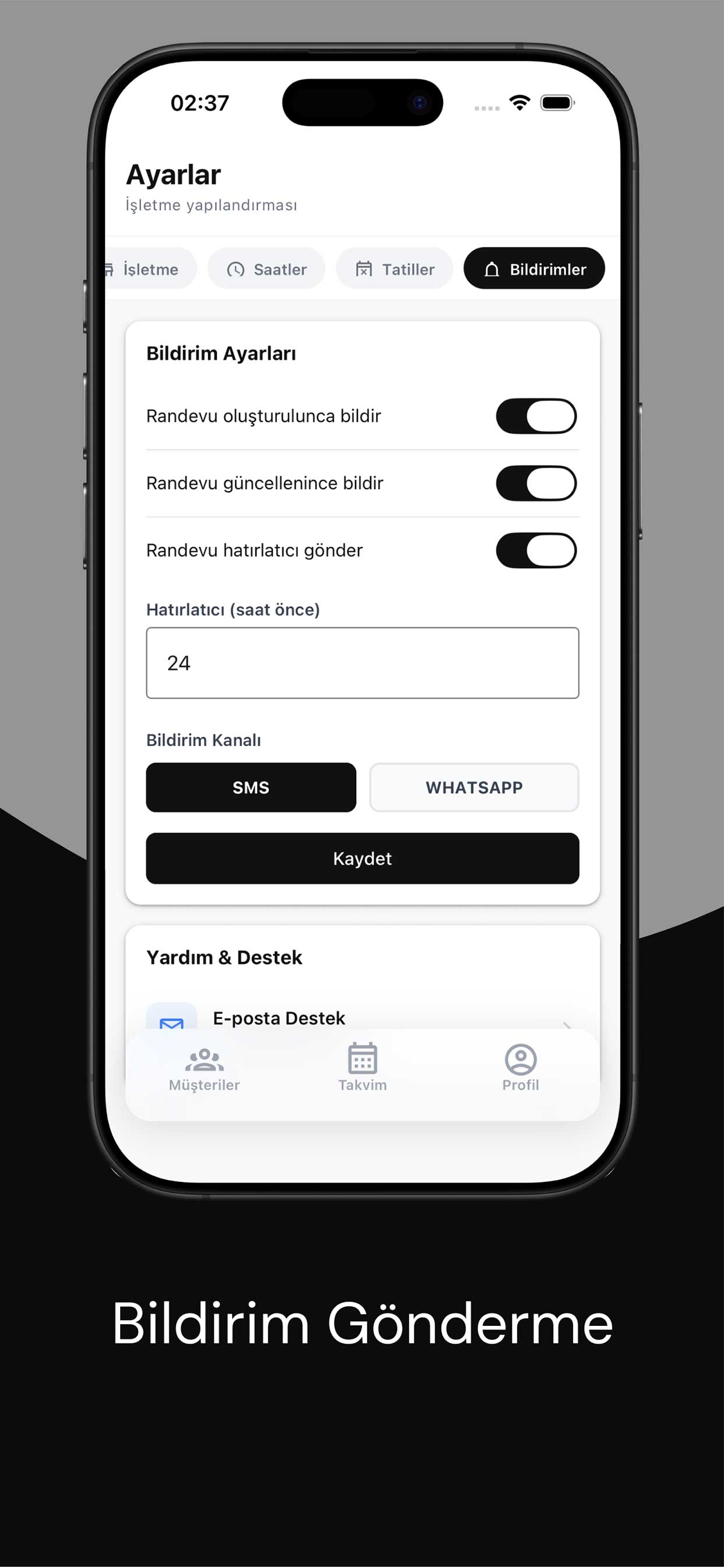 Kuaför SMS ve WhatsApp bildirim ayarları