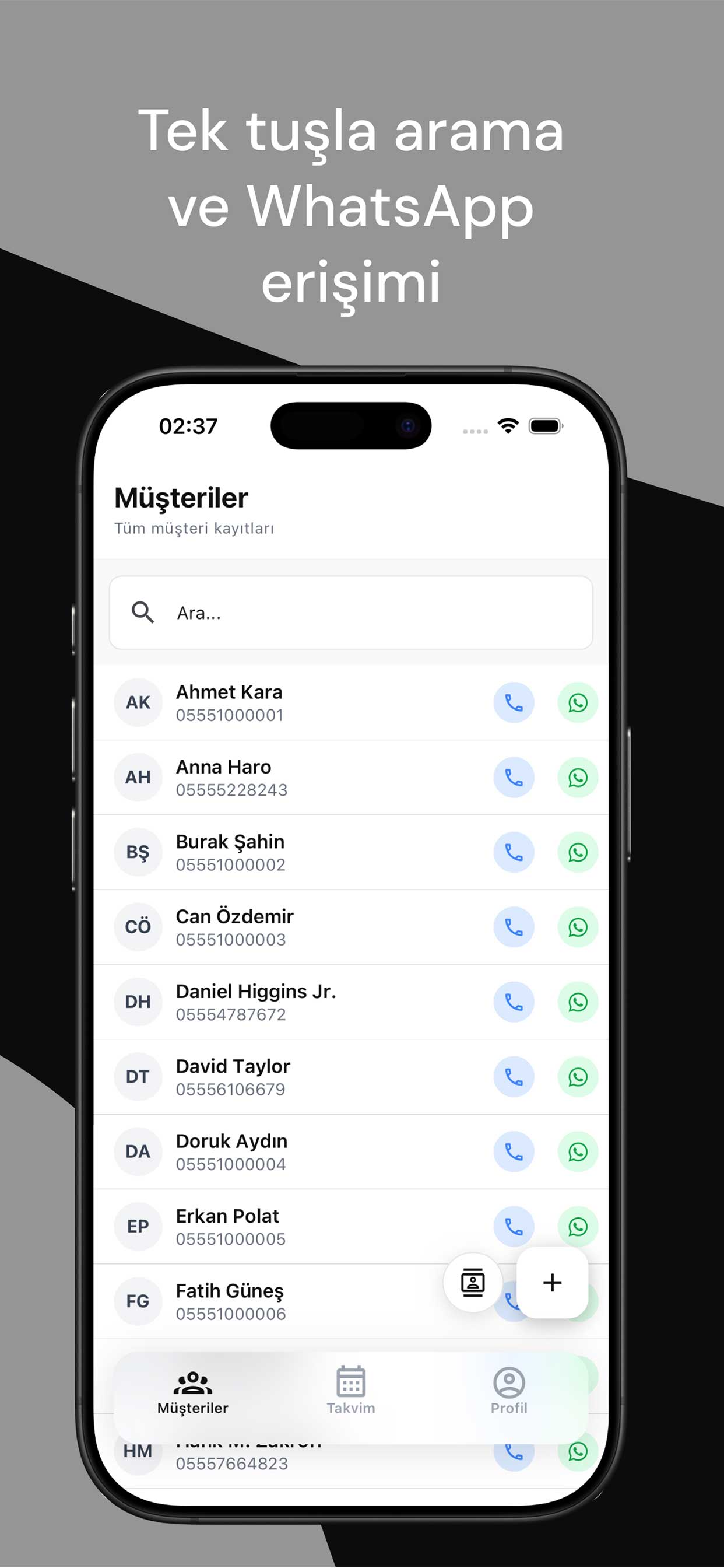 Berber müşteri listesi - tek tuşla arama ve WhatsApp